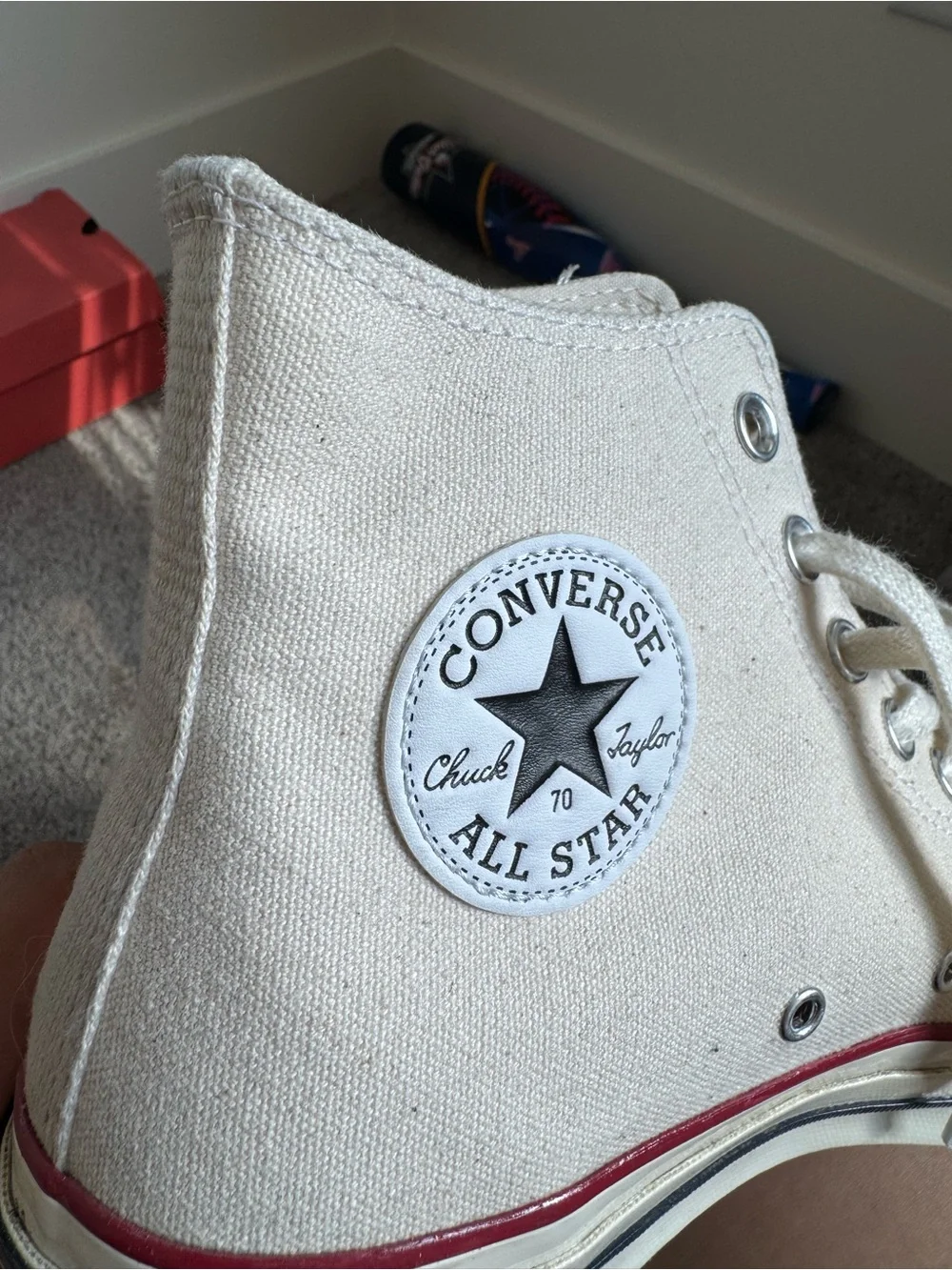 Converse High Top Sneakers - Cream with Red Stripe